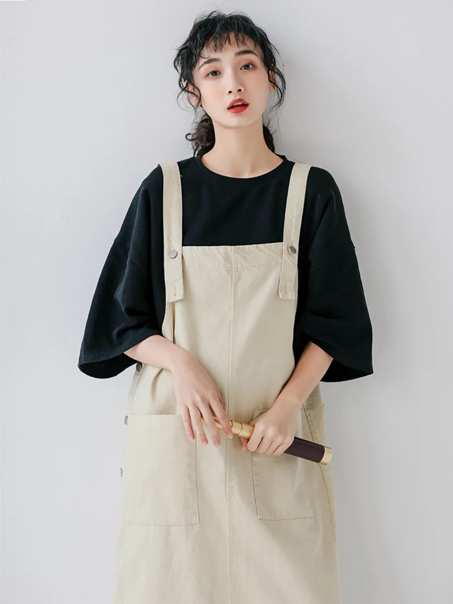 

2020 Student Harajuku Denim Dresses Preppy Style Shoulder Strap Solid Color Big Pockets Straight Split Hem Loose Dress for Girls