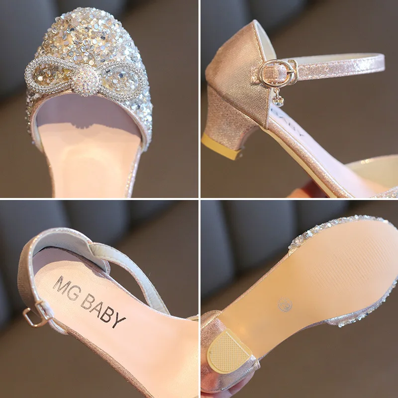 

Summer Girls Sandals Children High Heel Princess Shoes Rhinestone Bowknot Birthday Party Crystal Shoes Fashion Kids Sandals