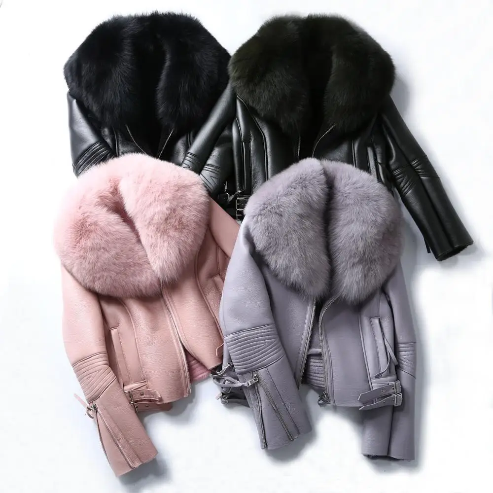 2022 Woman's Clothing Short Coat Real Fur Coat Whole Skin Fox Fur Collar Genuine Sheepskin Leather Jacket New Winter Jacket enlarge