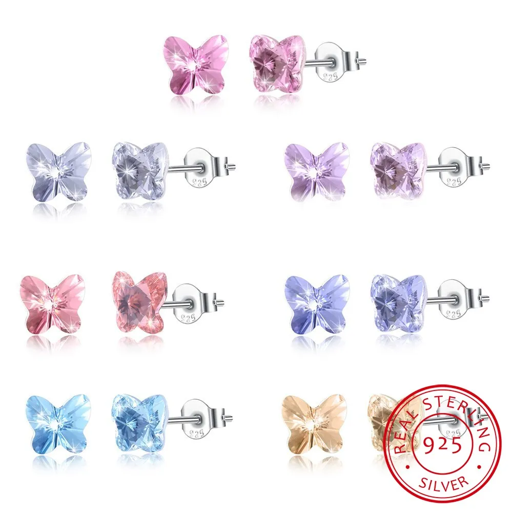 

LEKANI Crystals ELEMENTS Butterfly Stud Earrings Cute Piercing S925 Silver Simple Fine Jewelry For Women Girls
