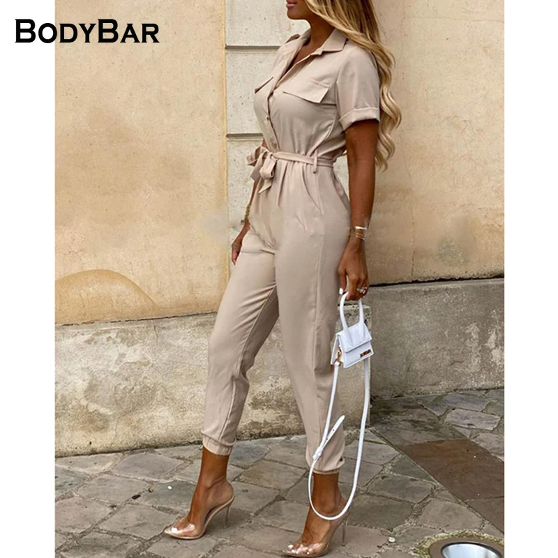 

Solid Khaki Slim Jumpsuit For Ladies Turndown Neck High Waist Bandage Casual Short Sleeve Playsuit Summer Female Street Bodysuit