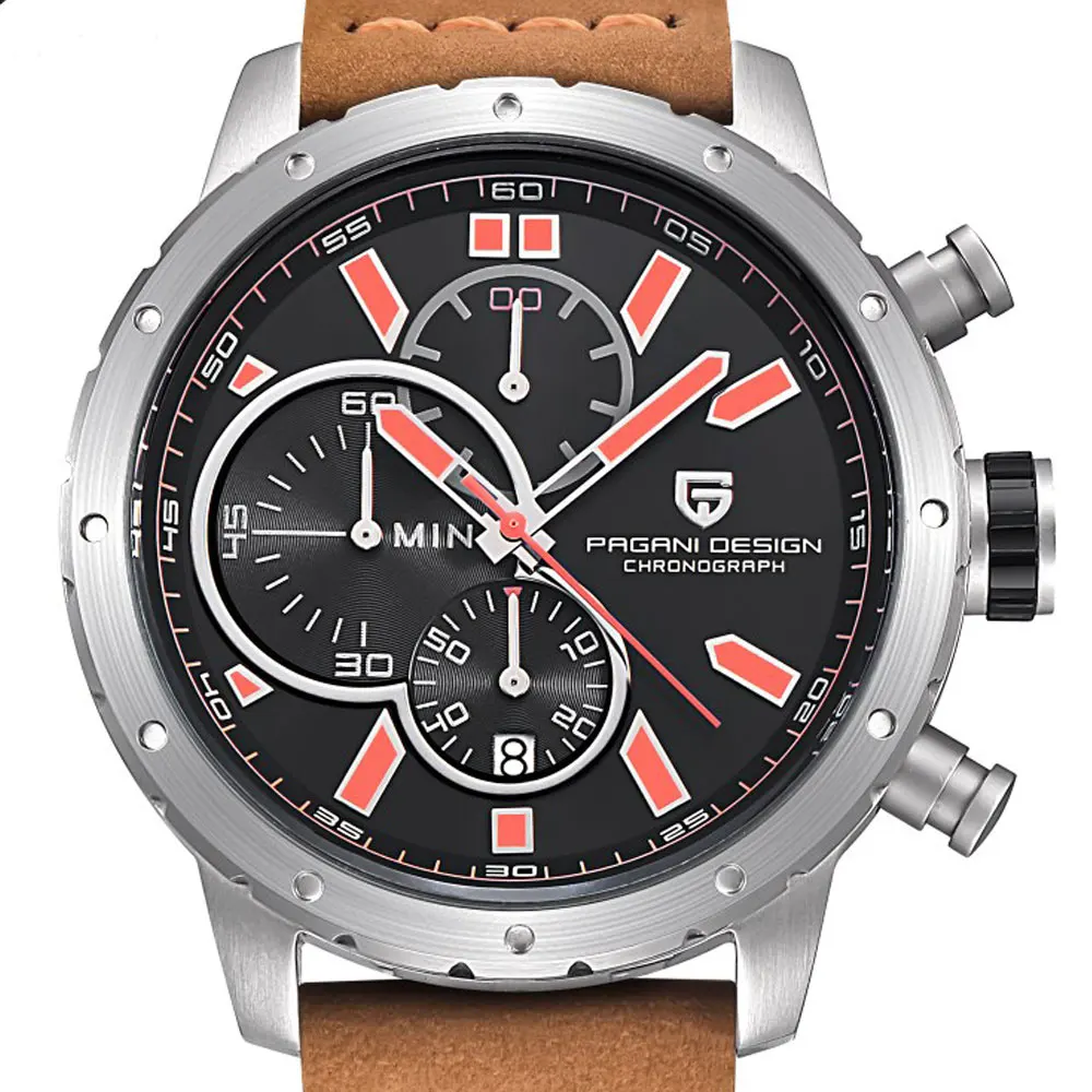 Часы Pagani design мужские с черным циферблатом кварцевые спортивные хронографом и