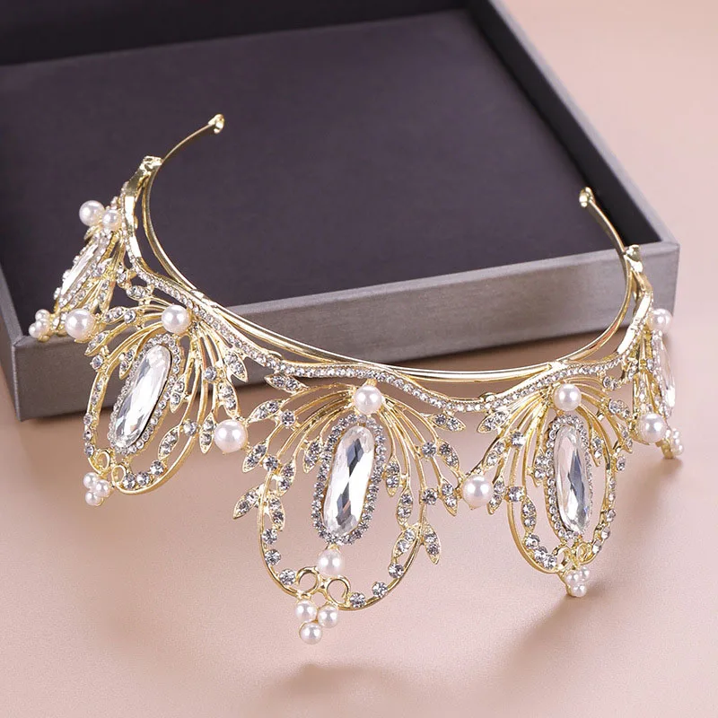 Gold Leaves Crystal Simulated Pearls Baroque Tiara Crown Princess Queen Pageant diadema Bride Wedding Hair Decorative Jewelry | Украшения и
