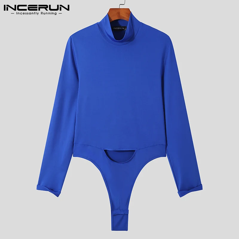 

INCERUN Solid Color Men Bodysuits Turtleneck Long Sleeve Hollow Out Sexy Pajamas Rompers Skinny 2022 Cozy Mens Bodysuit S-5XL
