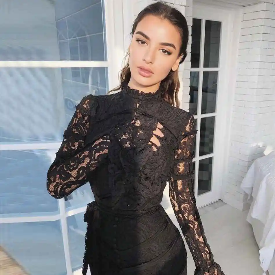 DressBird, женское осенне-зимнее Бандажное облегающее платье с длинным рукавом, Vestidos, сексуальное, кружевное, миди, розовое, черное, знаменитостей, вечерние платья, Vestido