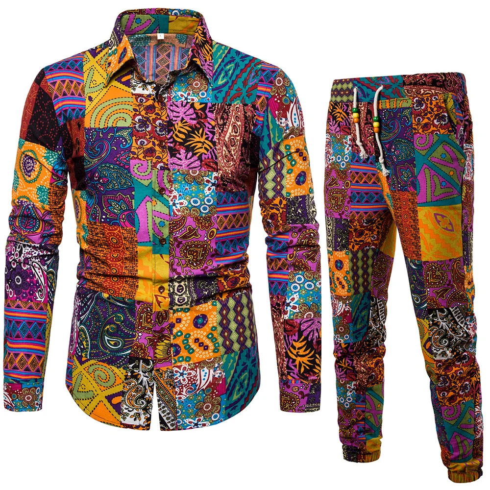 

2020 Spring Autumn Fashion New Men's Casual Long Sleeve Flower Shirt Set / Male Elastic Waist Beach Holiday Trousers Pants