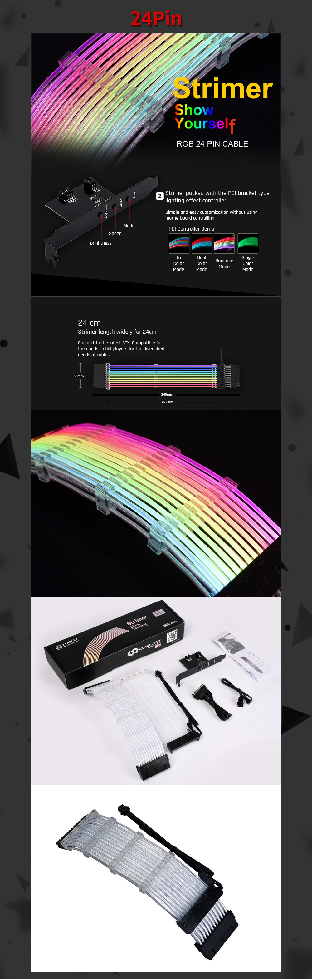 Lian Li Strimer-24/Strimer-8, 5 в RGB удлинительные кабели, Радужное освещение, для 24Pin к материнской плате/Dual-8Pin к видеокарте