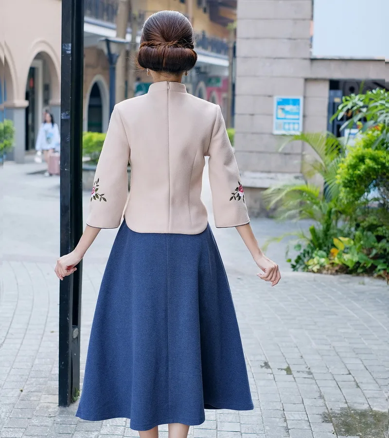 Sheng Coco Woolen Chinese Blouse Coat LadiesTraditional Chinese Shirts Embroidery Blouses Woolen Suit Classic Blue Suit