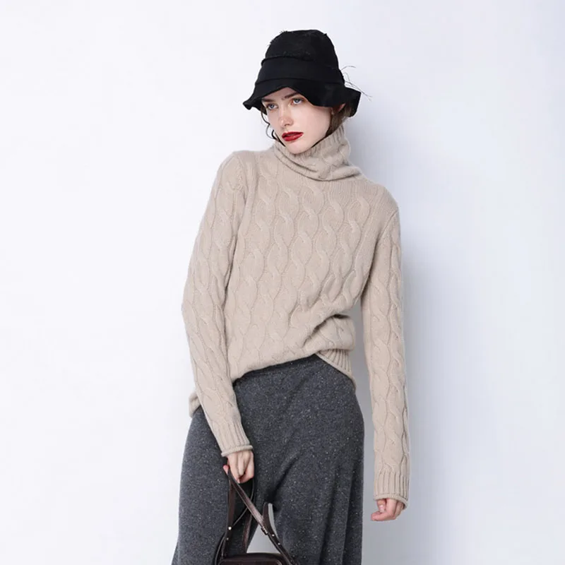 

Wool Cashmere Knitted Sweater Women European Solid Turtleneck Full Sleeve Female Pullover Streetwear Loose Thicken Chic Tops