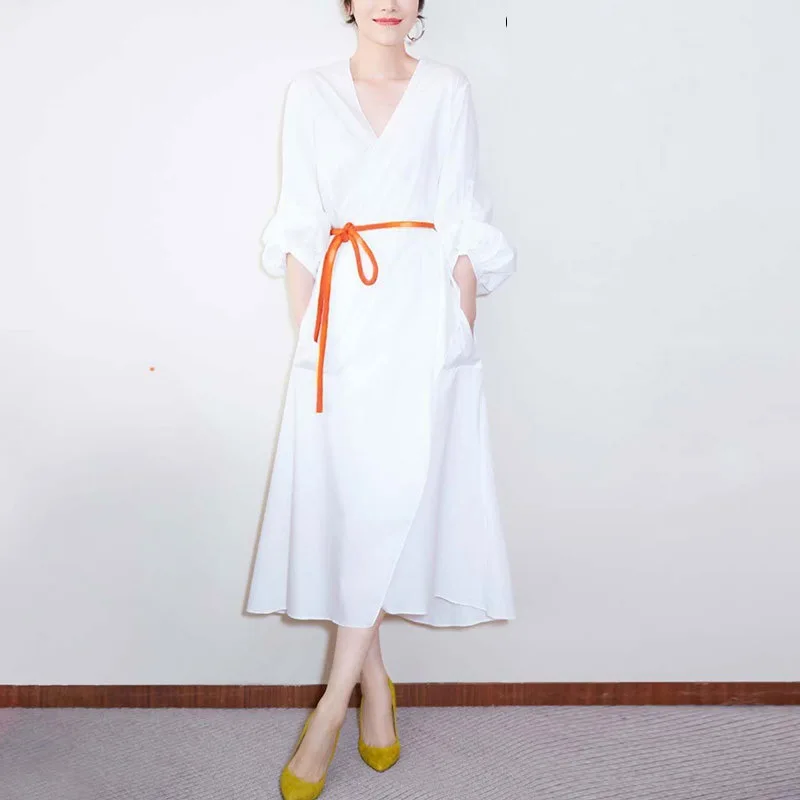 

Summer Runway Designers Dress Women 2021 Elegant Vintage V-neck Lantern Long Sleeve Midi Dresses White Robe Femme