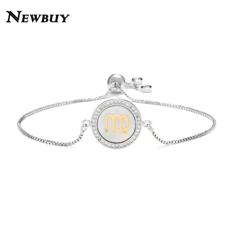 NEWBUY Мода 12 Созвездие шарм браслеты для женщин Девушка Уникальный дизайн оболочки браслет CZ Роскошный Золотой символ знаков зодиака