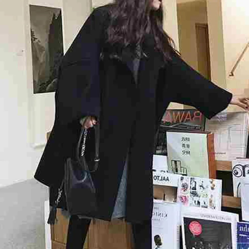 

Korean Version Japanese Overcoat Loose Autumn Winter Fashion Pocket Lapel Long Sleeve Woolen Cloth Topcoat