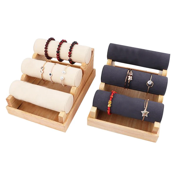 

2Pcs Solid Wood 3-Layer Detachable Bracelet Wooden Watch Jewelry Storage Display Stand Beige + Gray