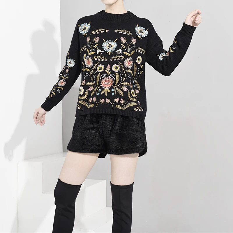 LANMREM 2020 круглый воротник топ с вышивкой цветов Свободный корейский весна осень