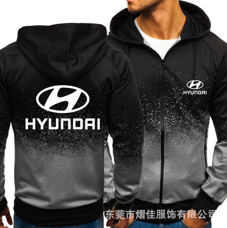 

2021 for HYUNDAI Car Logo Print Casual HipHop Harajuku Gradient color Hooded Mens Fleece Sweatshirts zipper Jacket