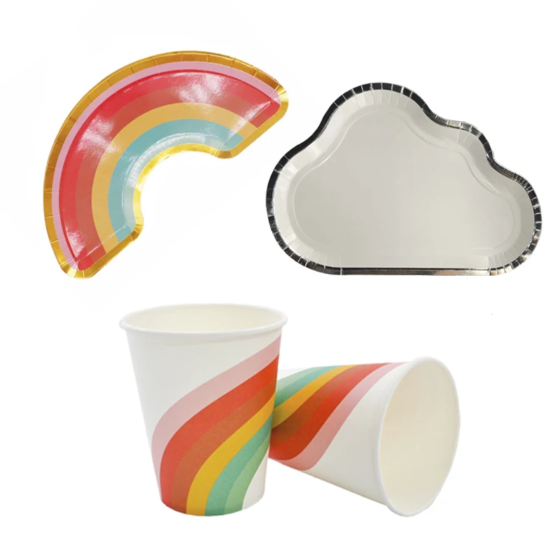 

Rainbow Theme Birthday Party Tableware Disposable Plates Cup Christmas Colorful cups Plate Dinners Parties Deco Party Supplies