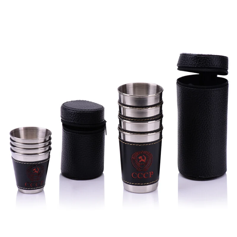 

4Pcs 170ml Stainless Steel Travel Cups Portable Outdoor Camping Cup With Black PU Leather Tableware Wine Whiskey Mugs For Picnic