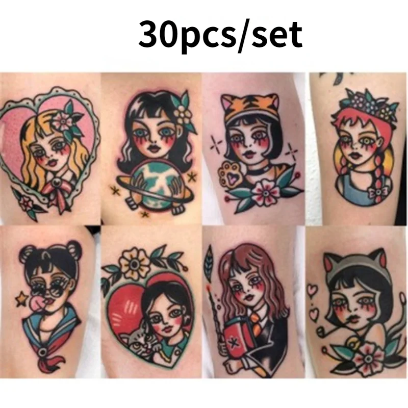 

30pc Old School Tattoo Stickers Waterproof Female Long-lasting Dark Beautiful Girl Cartoon Simulation Temporary Tattoos Body Art