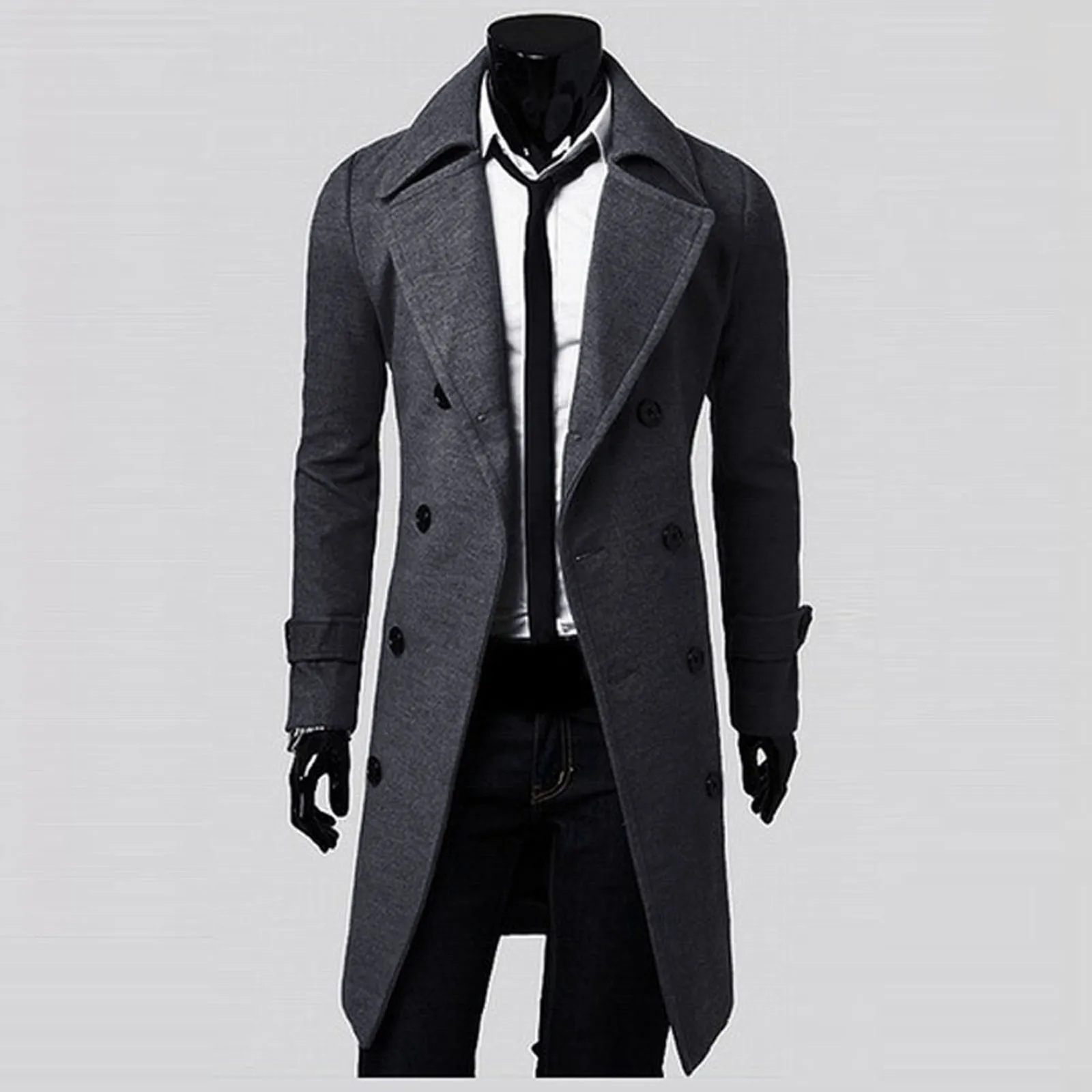

Winter Men Slim Stylish Trench Coat Double Breasted Long Jacket Parka Casual Long Men's Woolen Fleece Warm Windbreaker Jacket