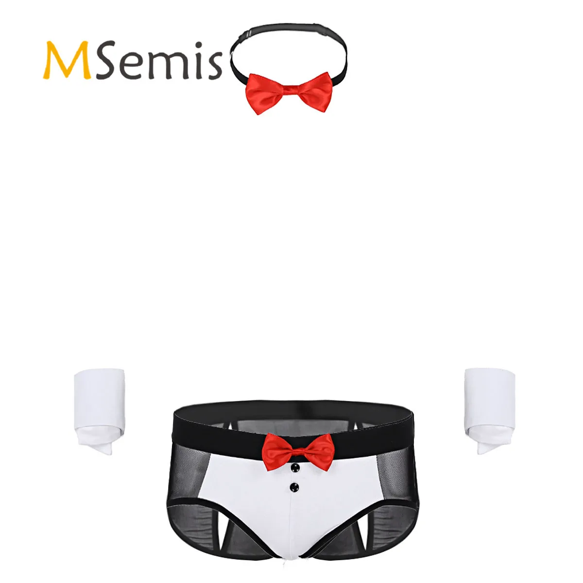 

Комплект мужского нижнего белья из 3 предметов, прозрачные сетчатые трусы-брифы с бантом и манжетами, костюм для косплея