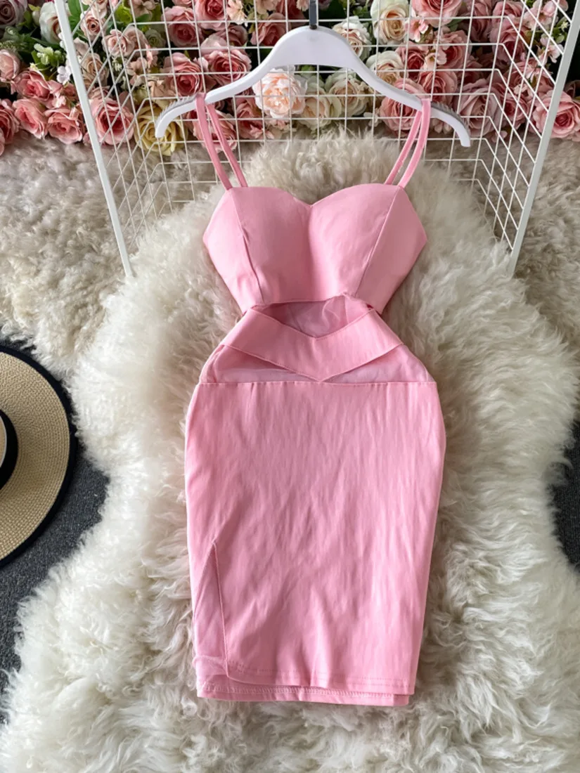 

2021 Fashion Elegant Slim Hip Mini Short Dress Sexy Backless V Neck Waist Hollow Out Strips Girls Evening Party