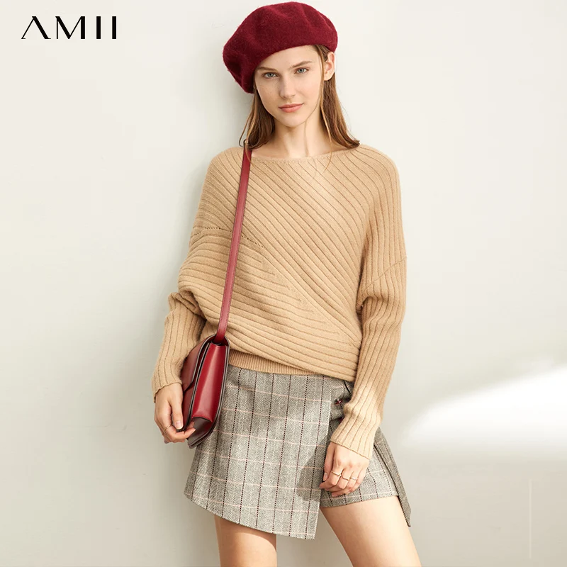 Amii осенний женский модный пуловер свитер свободный однотонный длинный с