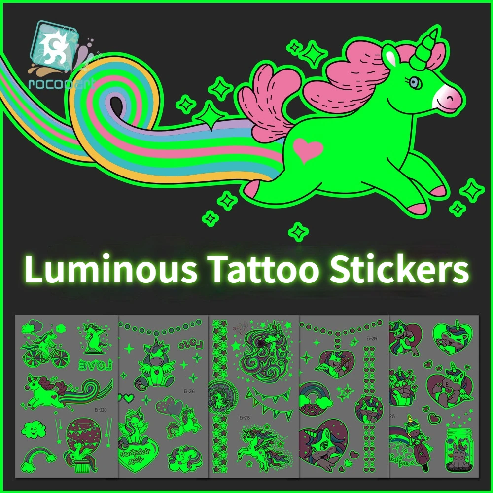 

Luminous Tattoo Stickers Kid Temporary Unicorn Fake Tattoos Glow Face Arm Leg for Children Body Art Halloween tatto Sticker