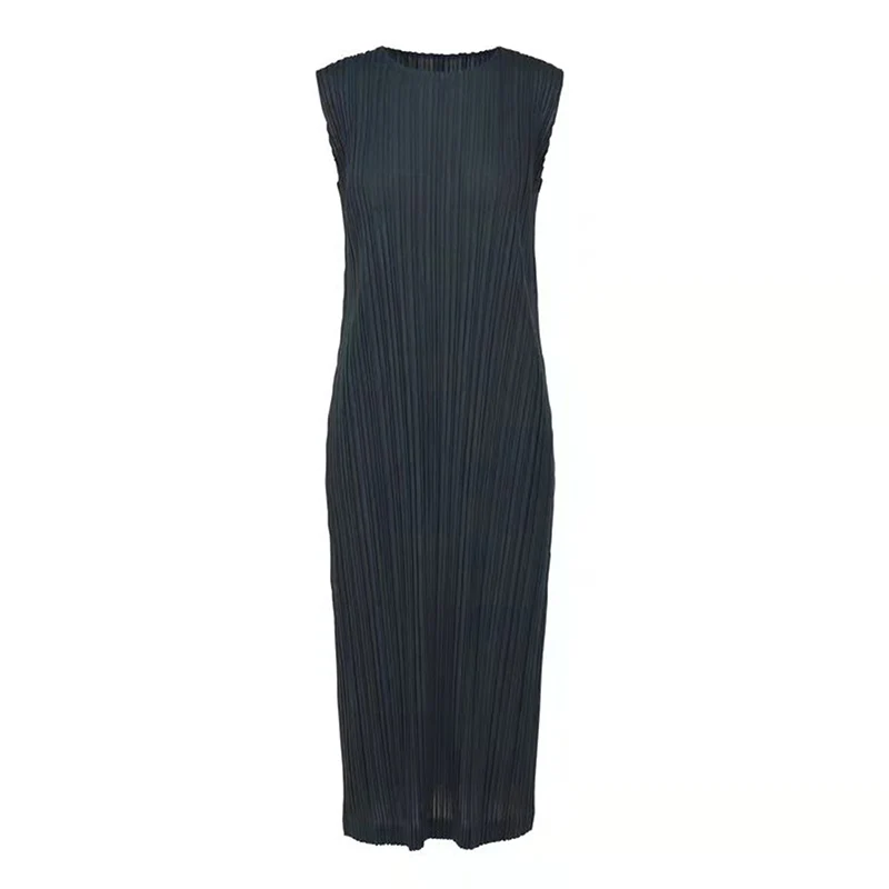 

2021 Summer New O-neck Pleated Skirt Sleeveless Dress Female Pleated Hippie Beach Skirt Dress Slim Slimming Dress Mid-length
