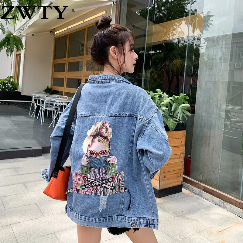 

ZWTY Women's Denim Jacket Jeans Coat Print Chic Harajuku Frayed Beaded Short Coat Casual Loose 2021 New Spring Autumn Ladies Jac