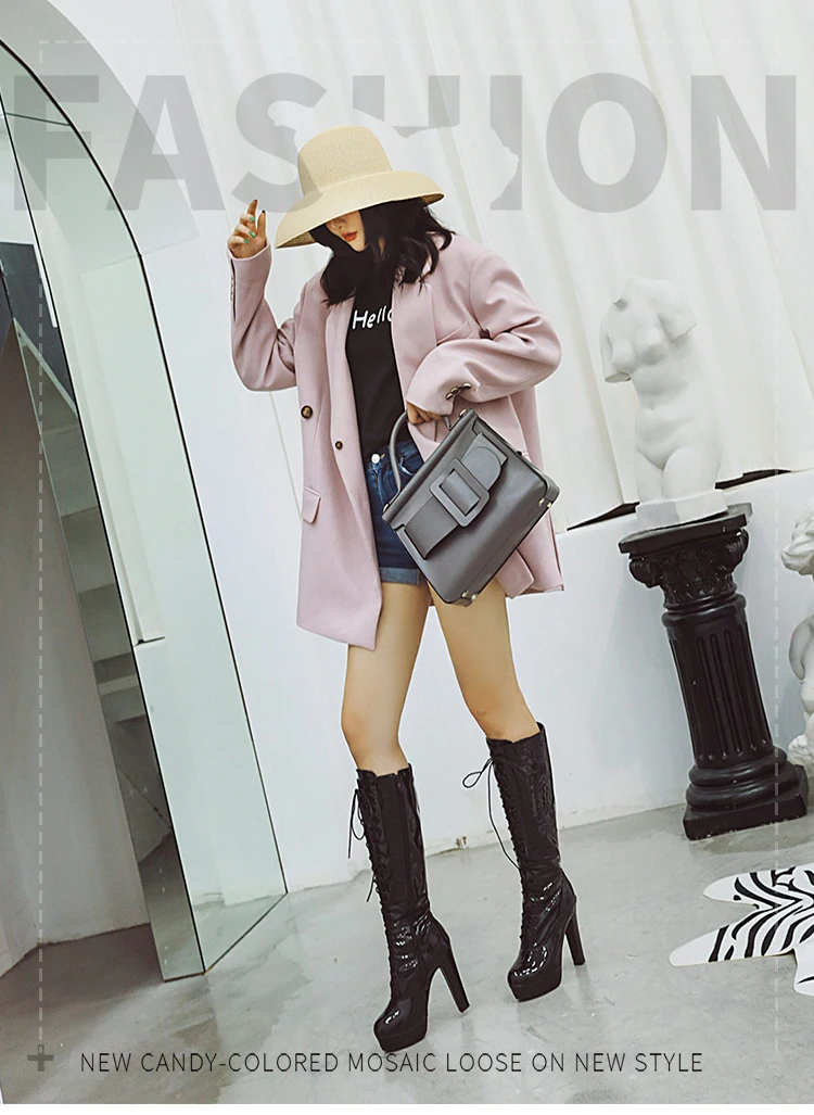 ANMAIRON PU Knee-High Round Toe Boots Women Super High Square Heel Winter shoes Zip Cross-tied Thigh High Boot Solid Short Plush