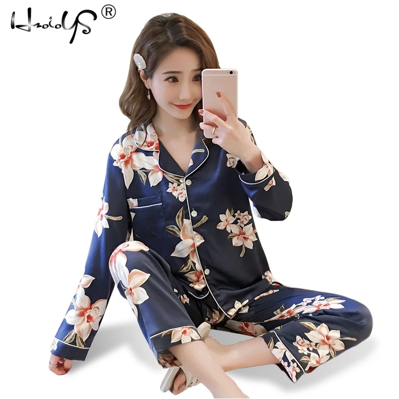 Шелковые атласные пижамы размера плюс зимний женский пижамный комплект с