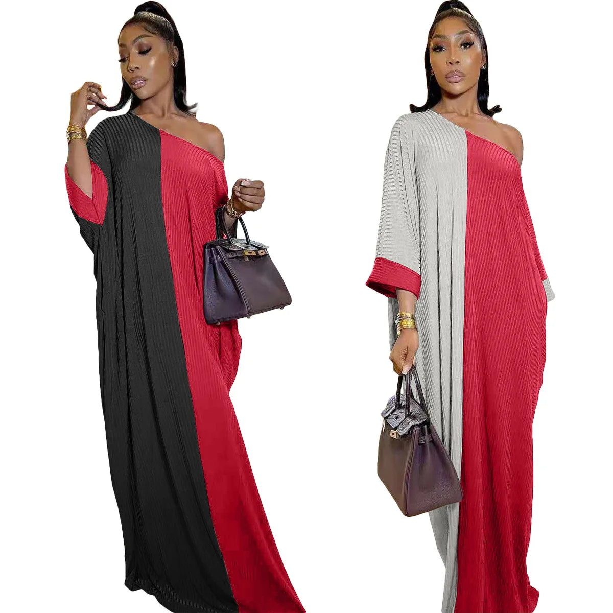 

RStylish Women Casual Streetwear Colorblock Patchwork Skew Neck Loose Long Sleeve Ribbed Plus Size Maxi Dress