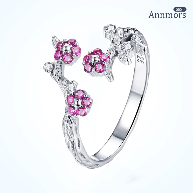 

Women Open Rings Winter Blooming Plum Flower Purple Zircon Adjustable Wedding Jewelry 925 Silver Trunk Finger Rings