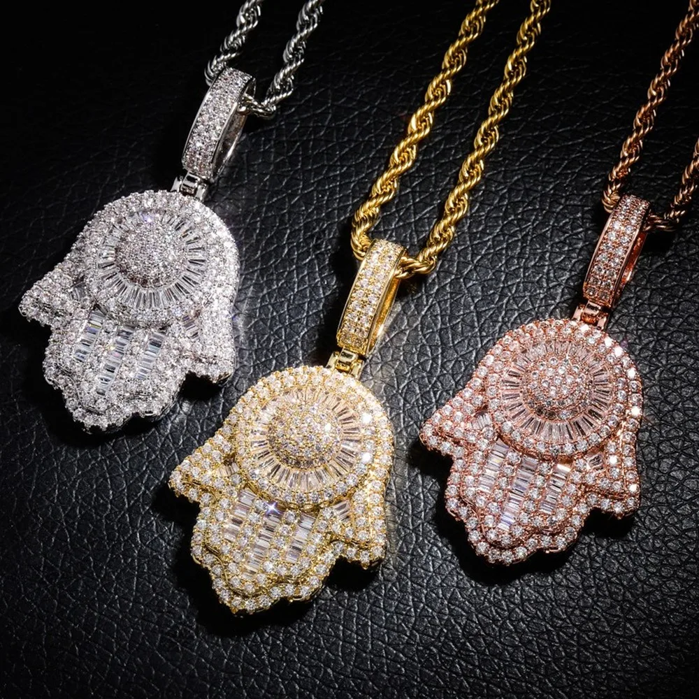 

18K Gold Plated Bling CZ Simulated Diamond Iced Out Hand of Fatima Pendant Necklace Hip Hop Chain Jewelry for Men Charm Gifts