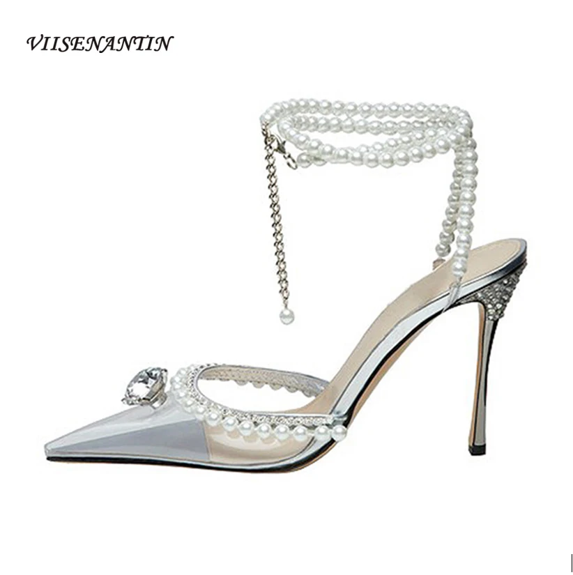 

Pearl Rhinestone Sandals New Baotou Word Buckle with Ankle Strap Crystal Shoes Sexy Leather Party Pointed Transparent High Heels