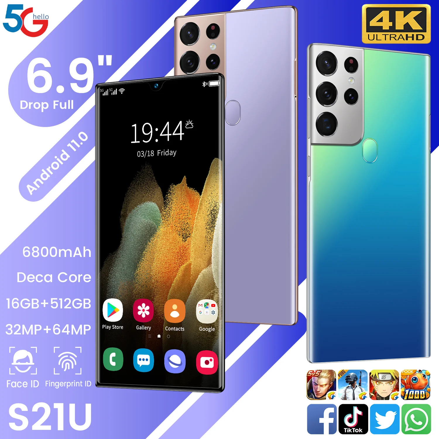 

New Unlocked Original Phone S21U Global Version 6.9 Inch Water Screen 32MP 64MP Camera Face ID 16GB 512GB 6800mAh Battery