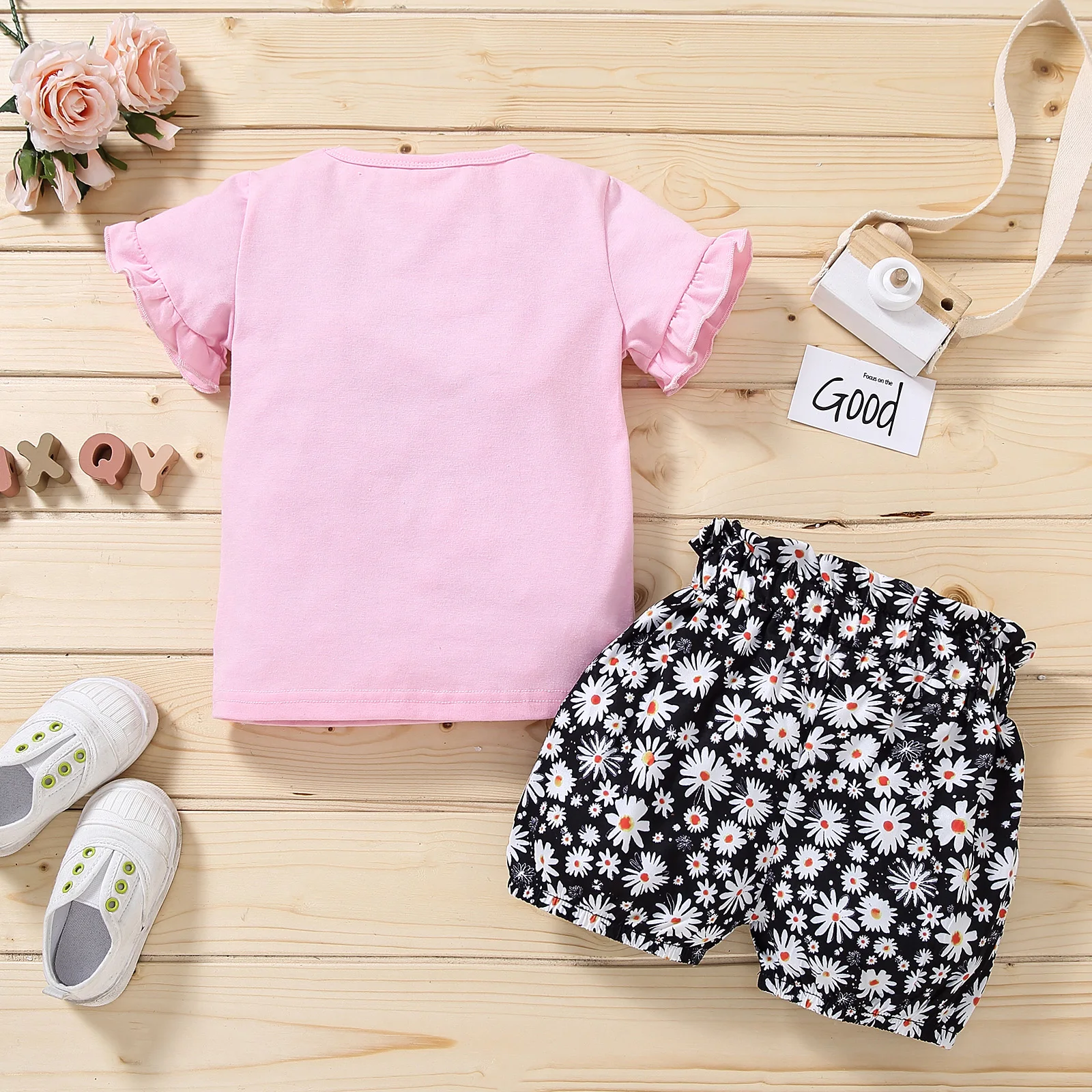 

2021 New Summer 18M-5Y Baby Girl 2Pcs Set LITTLE MISS SASSY PANTS Ruffled Short Sleeve Letter Print T-shirt+Bow Floral Shorts