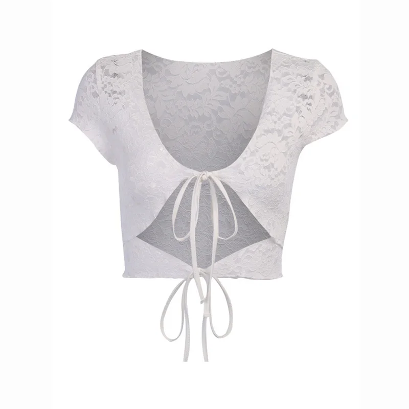 

2020 New Sexy Lace Crochet Sheer Tops Women Summer Short-sleeved Crop Top V Neck Badage Wild Fashion Reversible Wear Tops