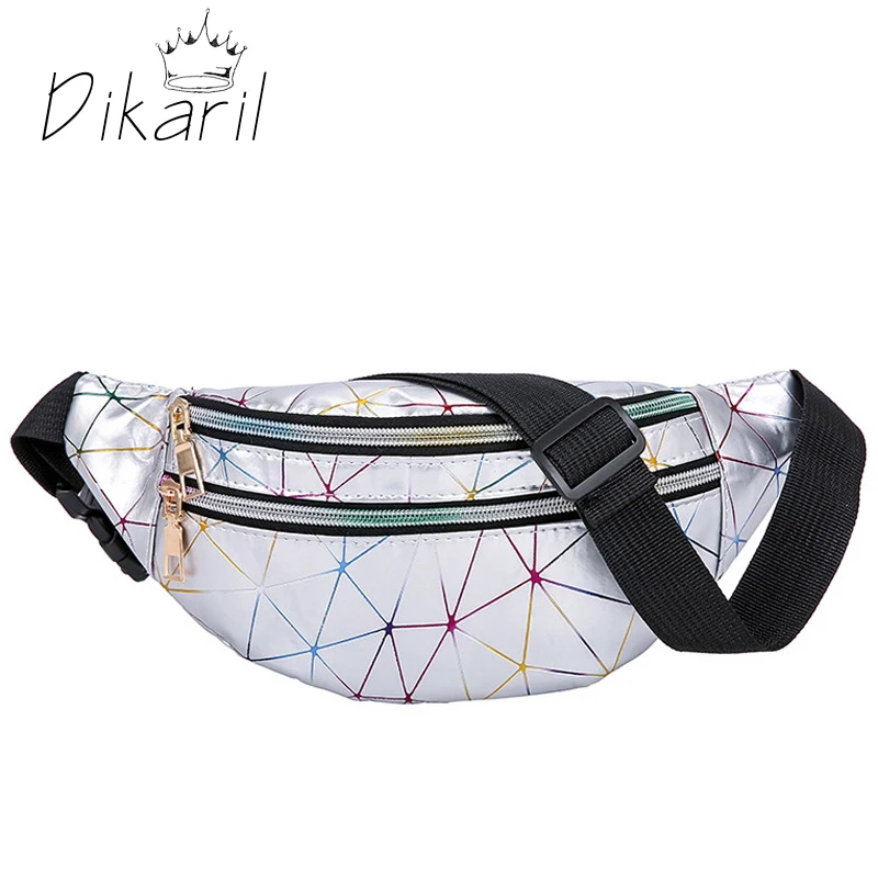 

Dikaril Holographic Waist Bags Women Fanny PU Leather Flashing Lattice Belt Bag Geometric Waist Packs Laser Chest Phone Pouch