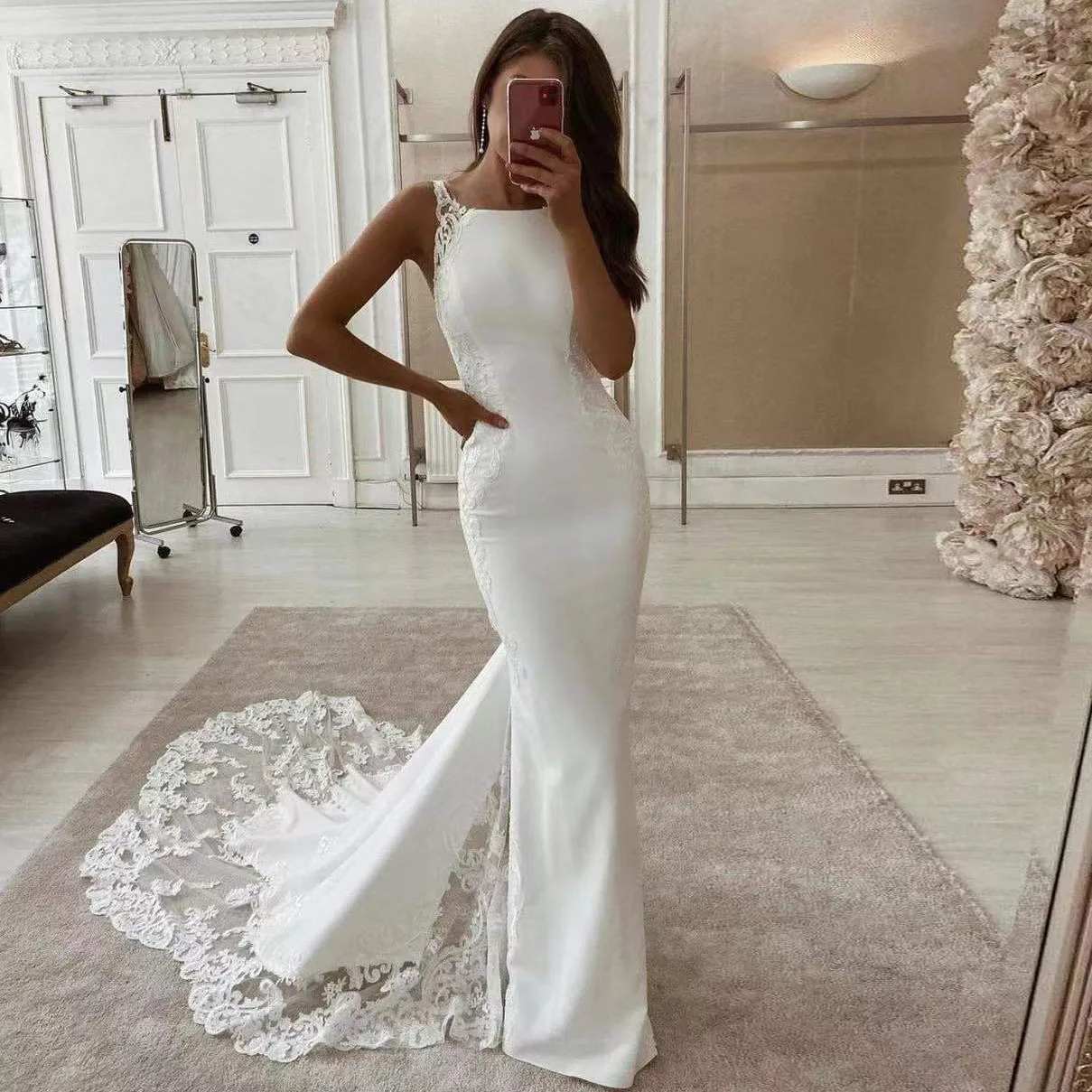 

Элегантные свадебные платья в стиле бохо с аппликацией и круглым вырезом без рукавов длиной до пола Длинные свадебные платья-русалки для то...