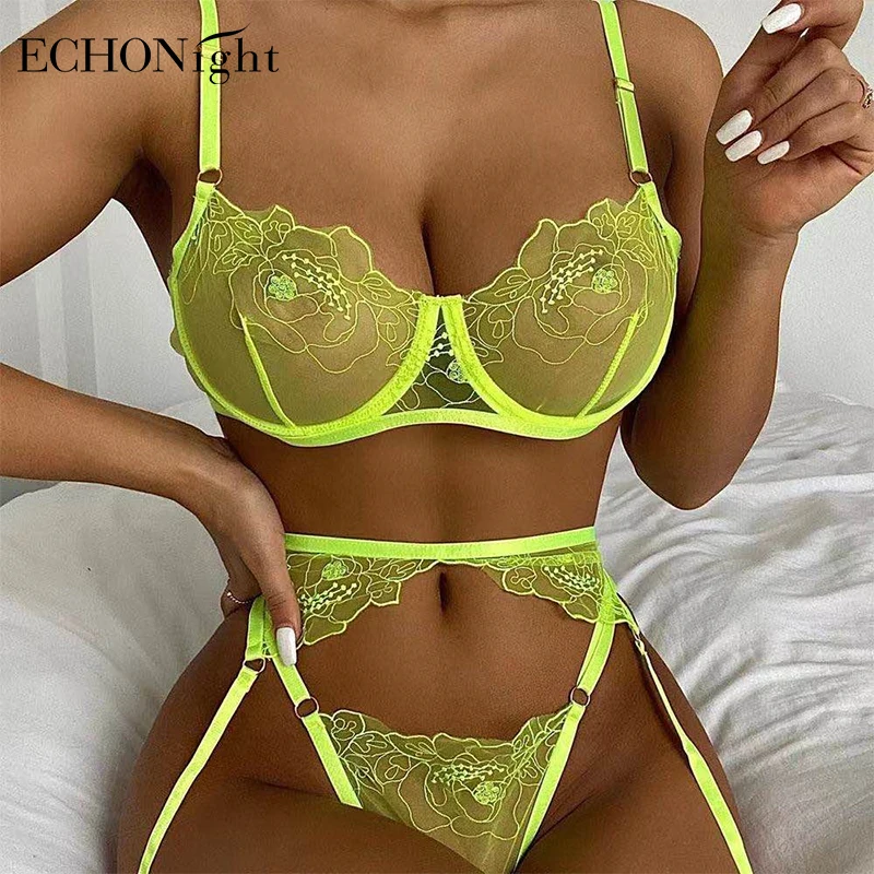 

Echonight Neon Sensual Lingerie Floral Embroidery Push up Transparent Bra G-Strings Thongs with Graters Underwear 3 Piece Sets