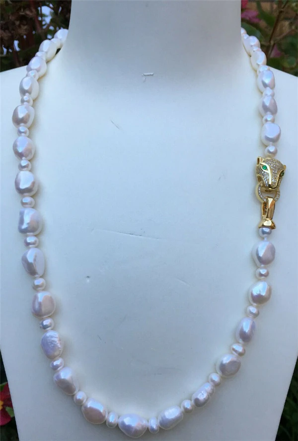 

HABITOO Luxury 12-13mm Natural White Baroque Freshwater Pearl Necklace Jewelry 18KGP Leopard Head Micro Inlay Zircon Clasp