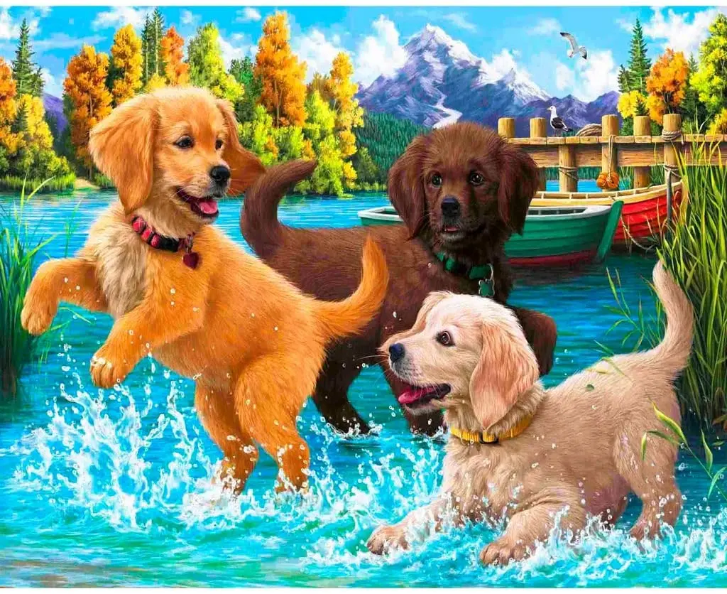 

5D Full Round with AB Drill Mosaic Embroidery Three Dogs Animal Diamond Painting Kits Cross Stitch Christmas Gift