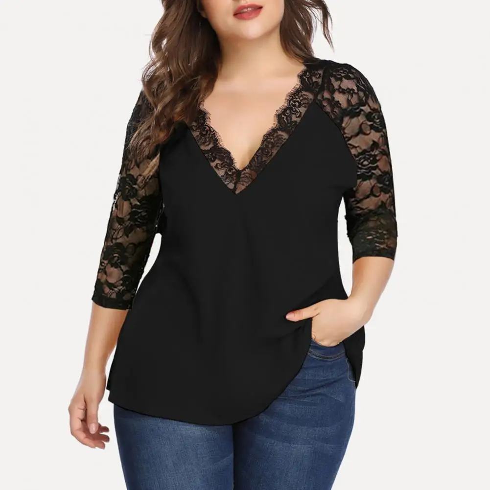 Сексуальная женская блузка с глубоким V-образным вырезом кружевная отделка