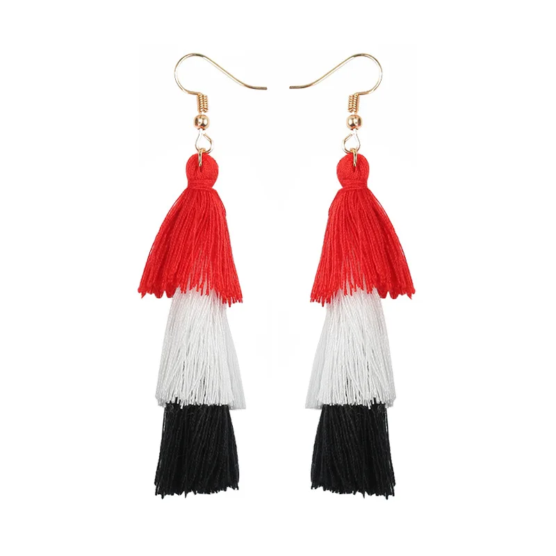 Длинные трехслойные серьги подвески из шелка с кристаллами 8 цветов черные