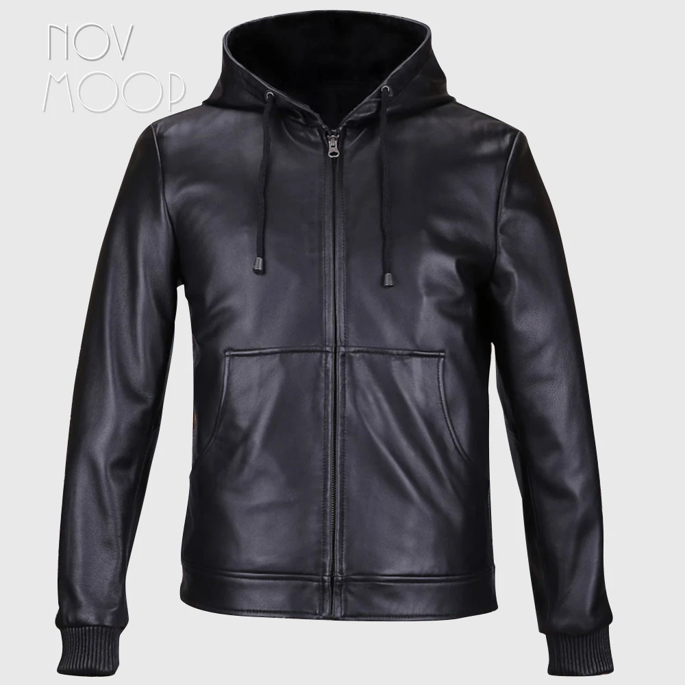 

Black genuine leather jackets coats men heavyweight lambskin hooded motorcycle jacket veste cuir homme 2 patch pockets LT559