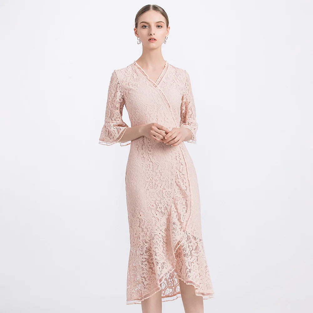 

S-XXL Plus Size Black Lace Dress Summer 2020 Woman Ruffles Wrap Sheer Sundresses Women Flare Sleeve Corset Midi Vintage Dress
