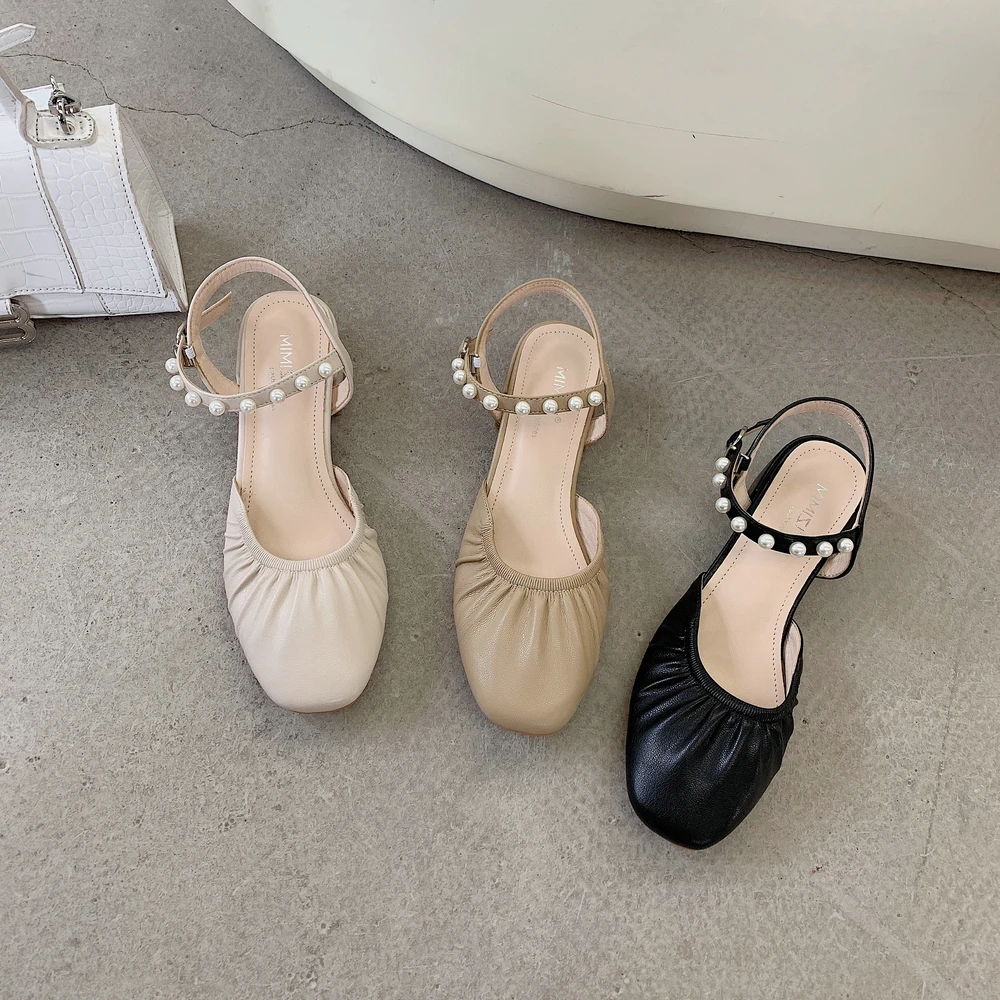 

Genuine Leather Dress Shoes Square Toe Mary Jane Women Sandals Buckle Solid Color Low Heel Pearl Wedding Shoes For Women 2021