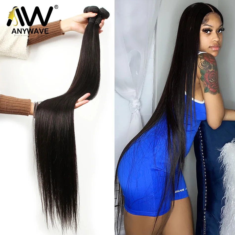 Anywave Straight 26 28 30 32 Inch Remy Brazilian Hair Weave 100% Human Hair 3 4 Bundles Natural Color Double Wefts Extensions