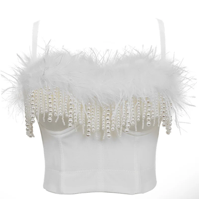 2021 New Female Short Camisole Top Feather Pearl Tassel Crop Top Bustier Bra Night Club Party Sexy Tank Tops Y742